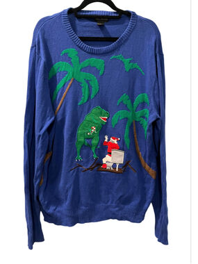 Alex Stevens Men's Dinosaur Santa Toilet Tropical Ugly Christmas Sweater XL Blue